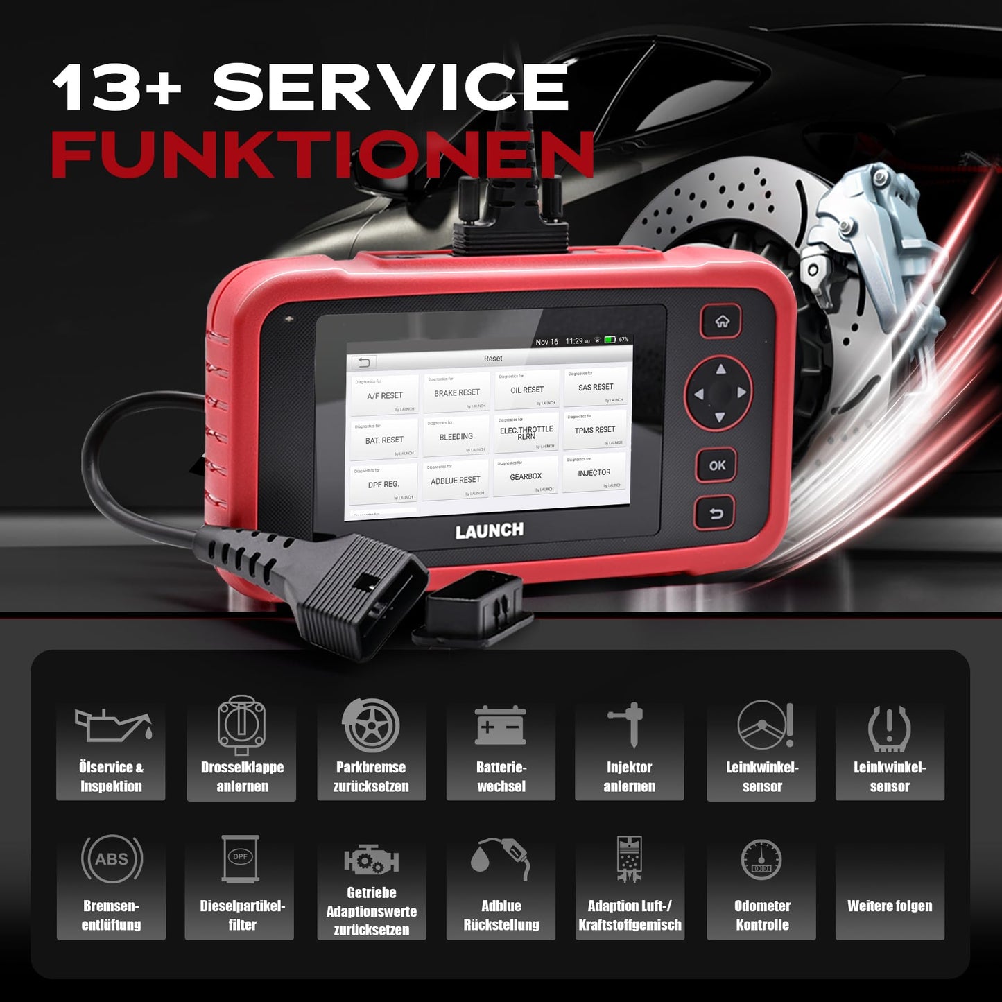 LAUNCH Europe CRP 129 EVO+ OBD2 Diagnosegerät Auto Auslesegerät Kfz-Diagnose EOBD Tester 4 Systemen Motor, ABS, SRS, Automatik Getriebe + 13 Service Funktionen mit Touchscreen WiFi Update/Android