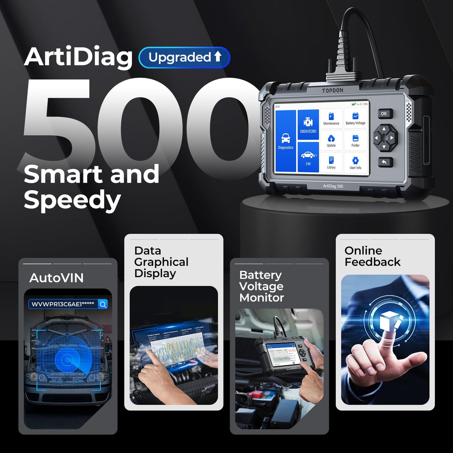 TOPDON ArtiDiag500 OBD2 Scanner, 4 Systems Car Diagnostic Tool, Oil/Throttle/SAS/TPMS/BMS/EPB Reset, Free Updates for Life, AutoVin