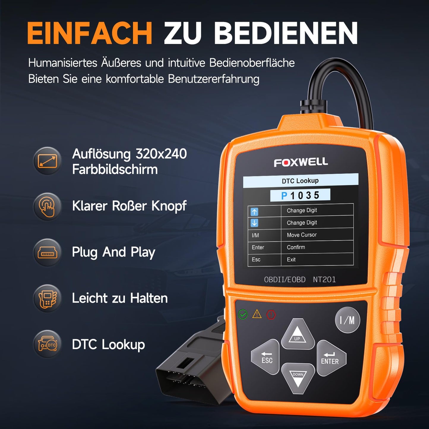 FOXWELL NT201 OBD2 Diagnosegerät Auto, OBD-II/EOBD KFZ Diagnosegerät für alle Fahrzeuge, 10 OBD2 Modi, One Touch I/M Bereitschaftstaste, Auslesegerät Auto für alle Baujahr 1996