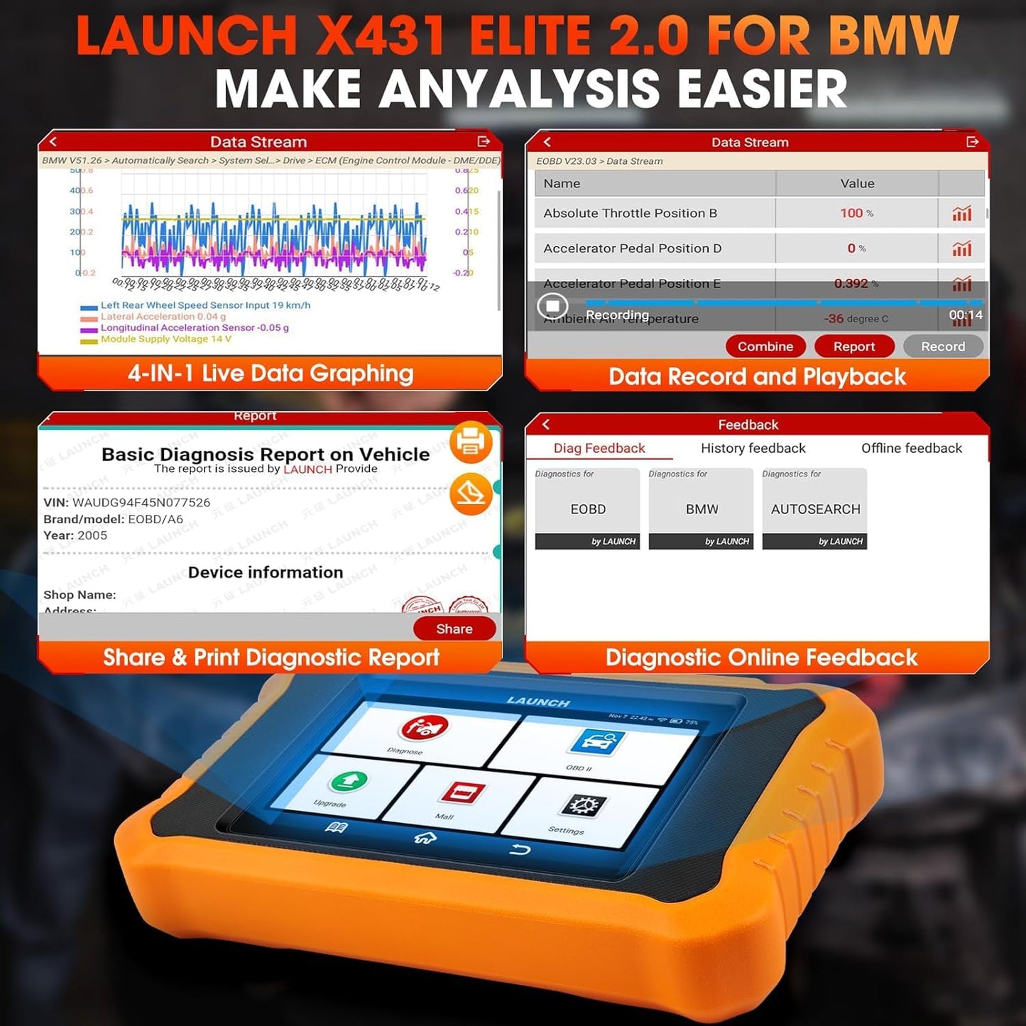 LAUNCH X431 Creader Elite 2.0 OBD2 Diagnosegerät für BMW/für Mini/für Rolls Royce Gleiche Funktion wie LAUNCH X431 Diagnosegerät Tool,vollständige System,50+ Reset,aktiver Test,ECU-Codierung