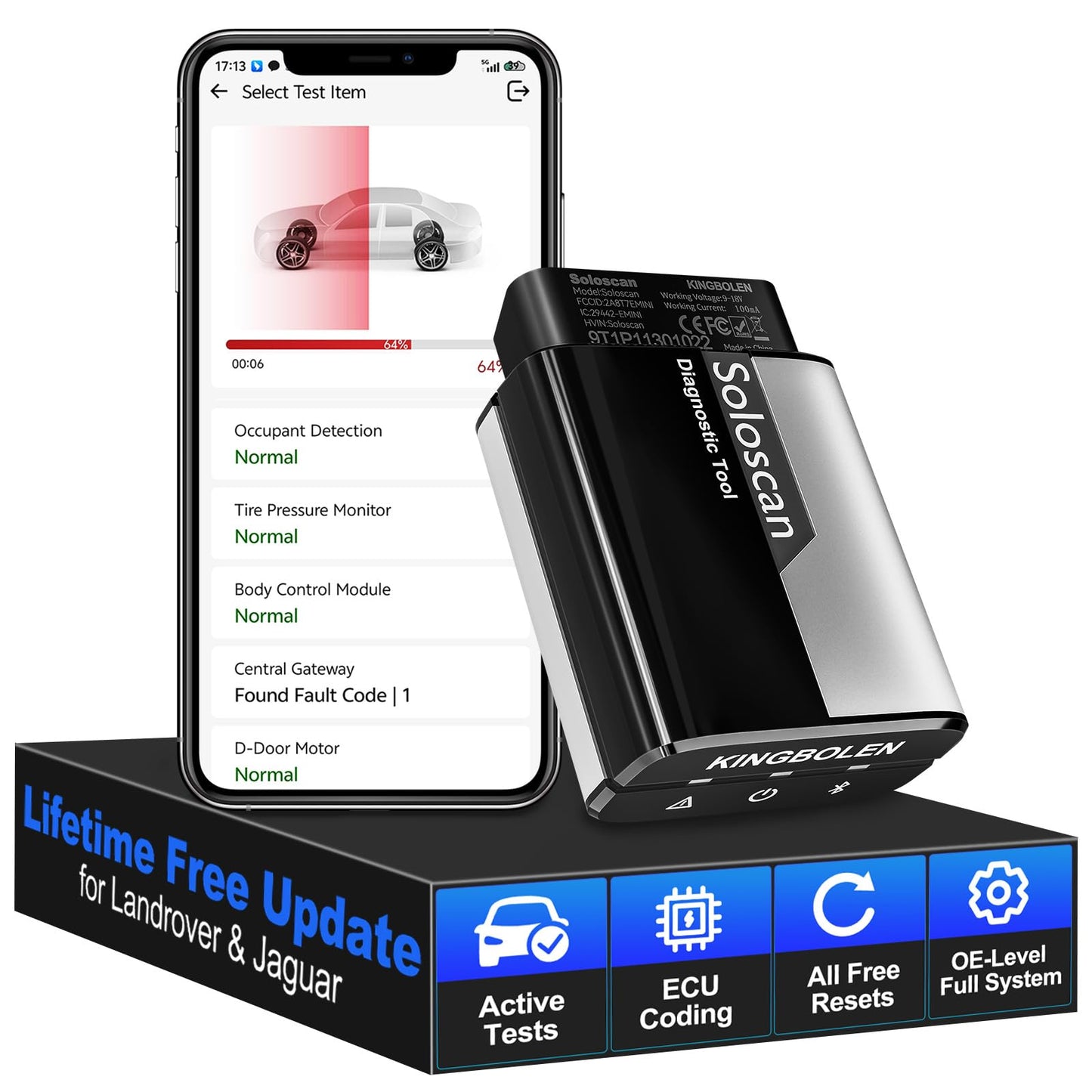 KINGBOLEN Soloscan OBD2 Diagnosegerät für Land Rover/für Jaguar, Alles System Kfz Diagnosegerät Mit 50+ Reset-Funktion,Bi-direktionale,Aktiver Test,ECU-Codierung, Lebenslanges kostenloses Update