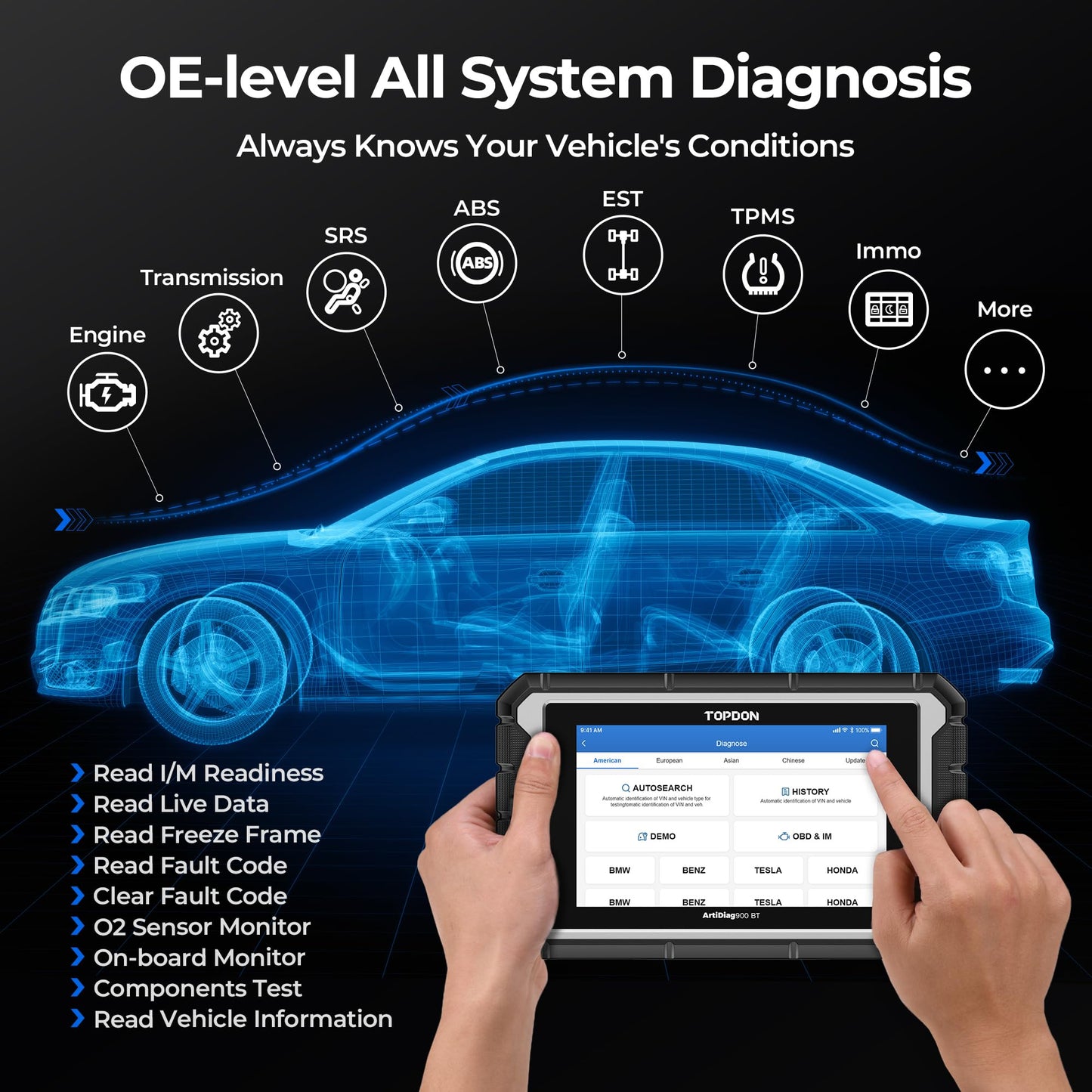 TOPDON OBD2 Diagnosegerät ArtiDiag900BT, ECU-Codierung, 28+ Services für bidirektionales Scannen Aller Systeme, mit 2 Jahren Updates, OBD2 Scanner für alle Fahrzeuge mit AutoVIN FCA