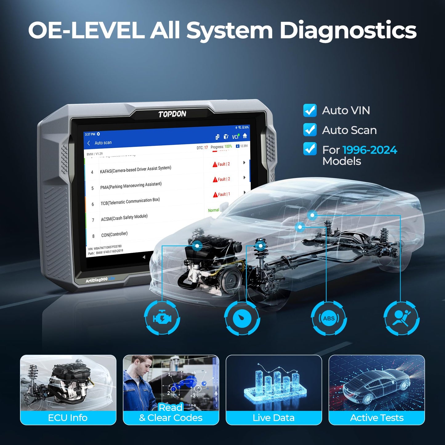 TOPDON OBD2 DiagnosegerÀt Bidirektionales Scan-Tool, ArtiDiag900 Lite Vollsystem-Auto diagnose mit Aktivem Test, 8 Reset-Diensten, Kabelloser OBD2-Autoscanner
