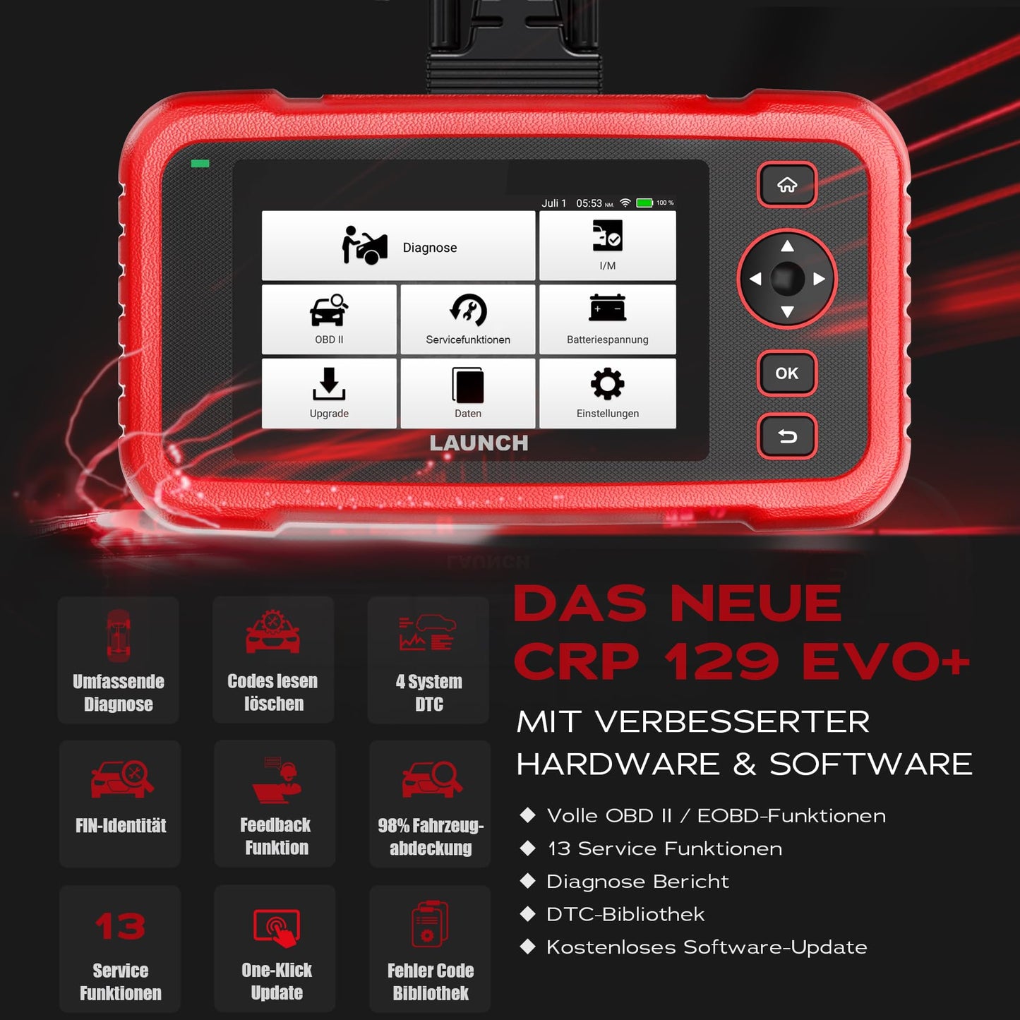 LAUNCH Europe CRP 129 EVO+ OBD2 Diagnosegerät Auto Auslesegerät Kfz-Diagnose EOBD Tester 4 Systemen Motor, ABS, SRS, Automatik Getriebe + 13 Service Funktionen mit Touchscreen WiFi Update/Android