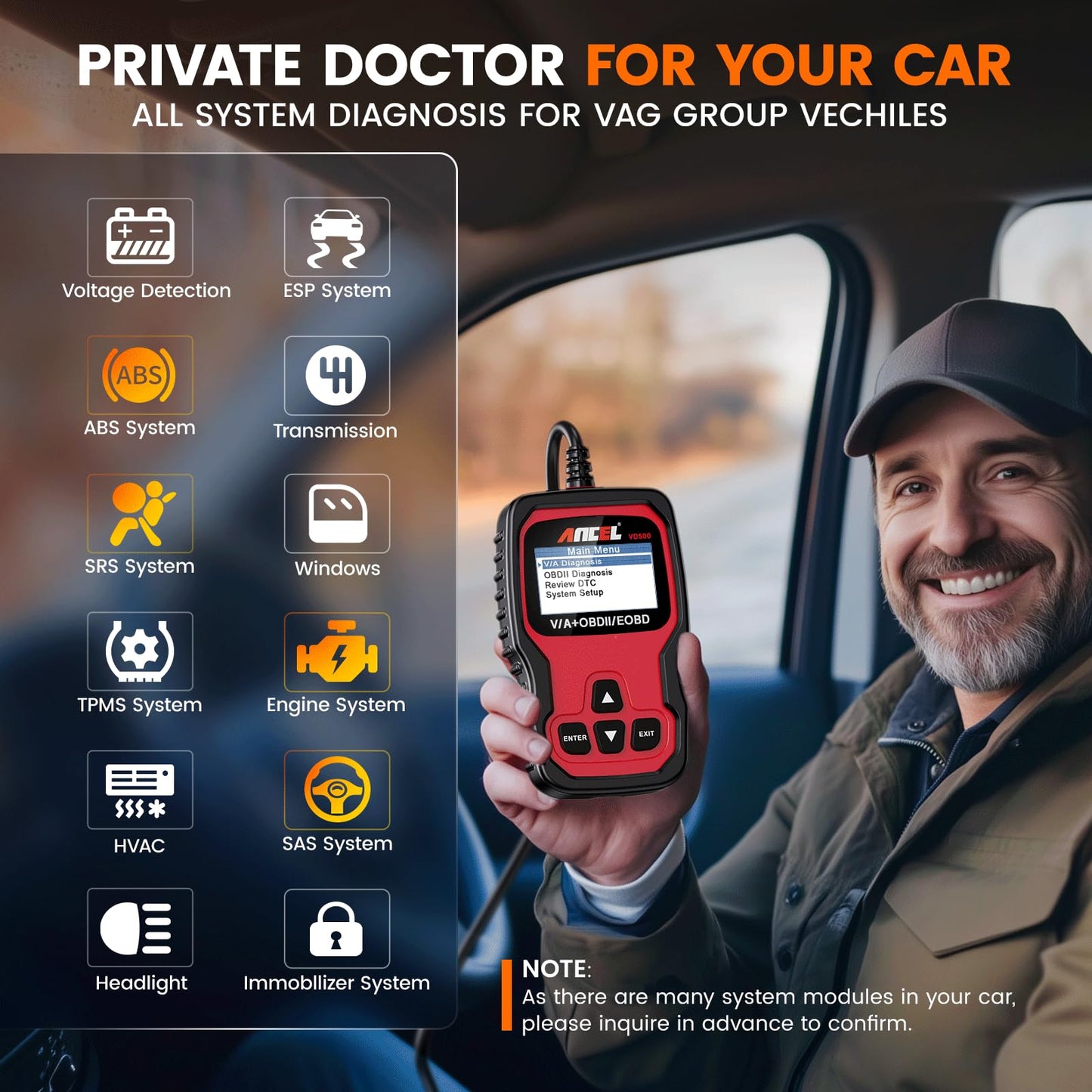 ANCEL VD500 OBD2 Diagnosegerät für VW/für Audi/für Skoda/für Seat, Fehlercodes Auslesen und Löschen Motor EPB ABS SRS OBD Öl TPS Zurücksetzen Reset Tool in Deutsch