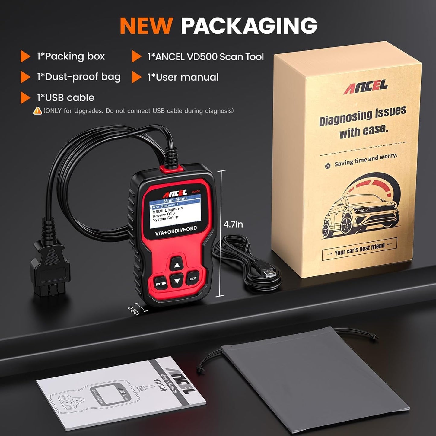 ANCEL VD500 OBD2 Diagnosegerät für VW/für Audi/für Skoda/für Seat, Fehlercodes Auslesen und Löschen Motor EPB ABS SRS OBD Öl TPS Zurücksetzen Reset Tool in Deutsch