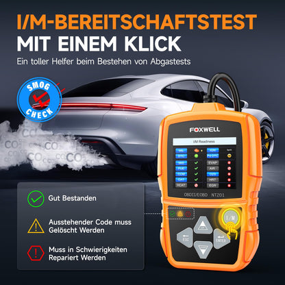 FOXWELL NT201 OBD2 Diagnosegerät Auto, OBD-II/EOBD KFZ Diagnosegerät für alle Fahrzeuge, 10 OBD2 Modi, One Touch I/M Bereitschaftstaste, Auslesegerät Auto für alle Baujahr 1996