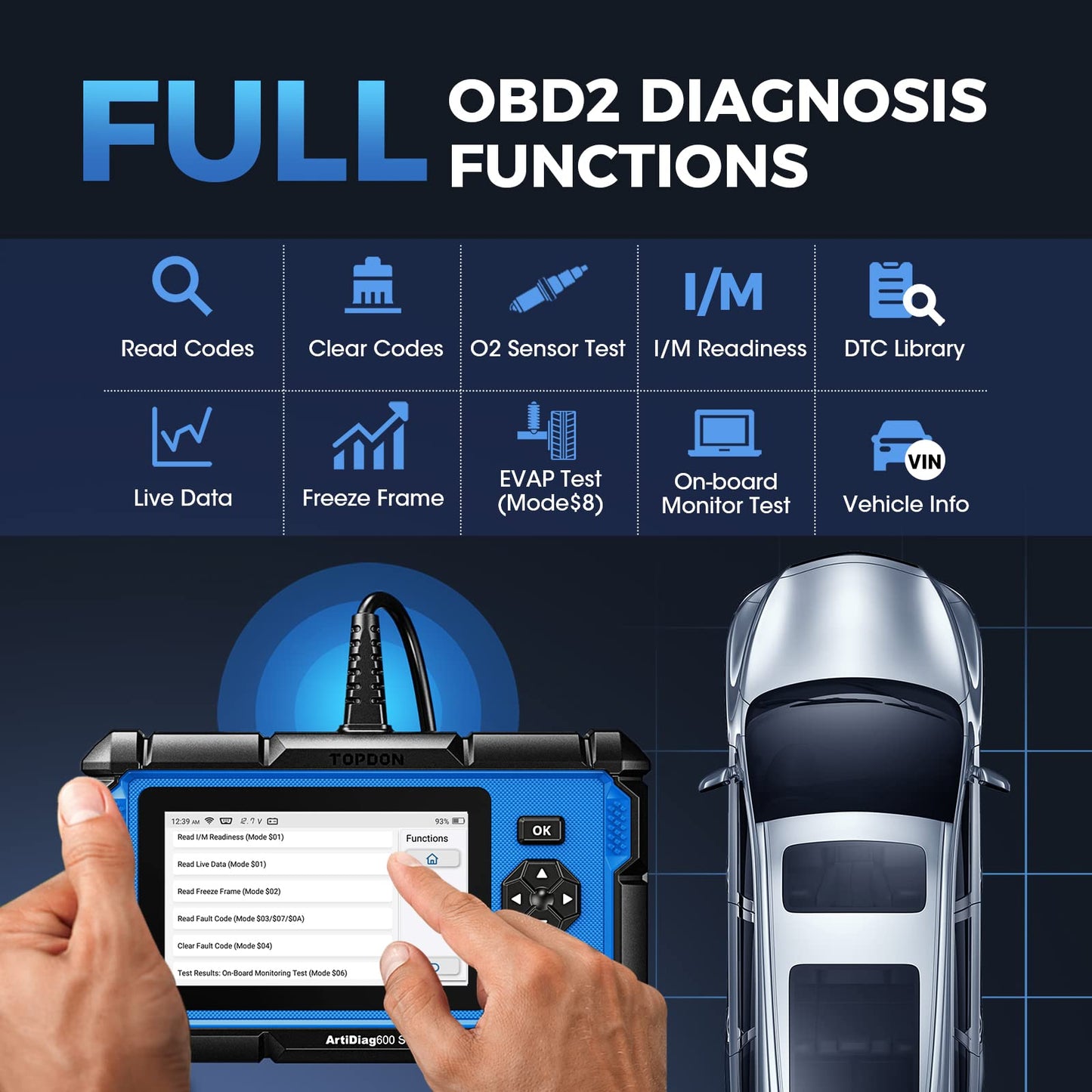 TOPDON AD600S OBD2 Diagnosegerät Auto,4 Systemdiagnosen für ABS SRS Motor und Getriebe, 9 Servicefunktionen für Öl/BMS/ABS/DPF/TPMS/SAS/Bremsen-Resets/Drosselklappenanpassung/Injektorcodierung