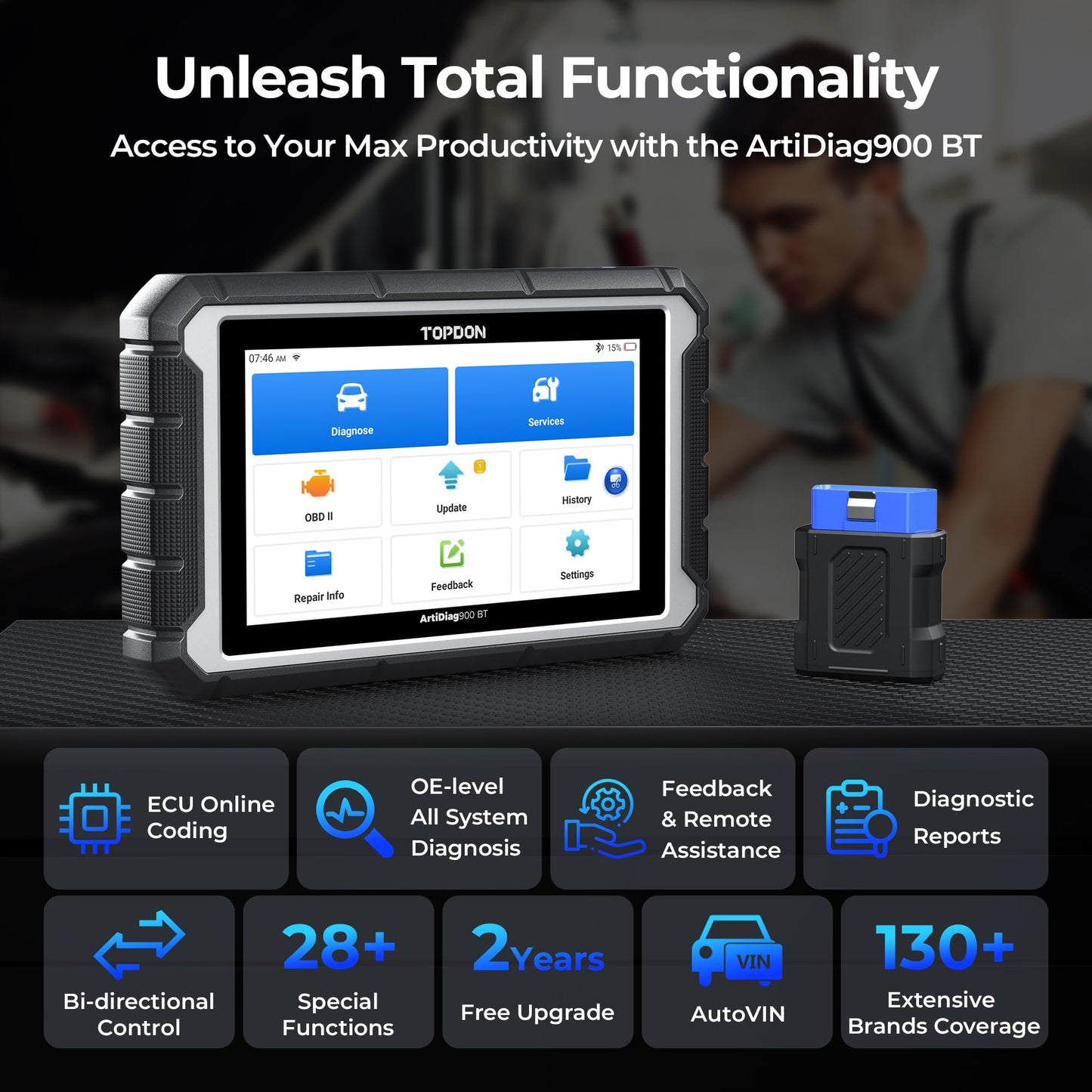 TOPDON OBD2 Diagnosegerät ArtiDiag900BT, ECU-Codierung, 28+ Services für bidirektionales Scannen Aller Systeme, mit 2 Jahren Updates, OBD2 Scanner für alle Fahrzeuge mit AutoVIN FCA